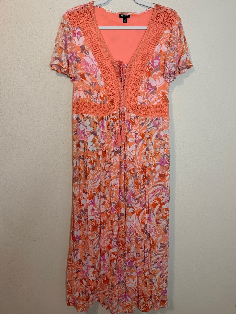 torrid Coral and Pink Floral Maxi Dress with Crochet Bodice